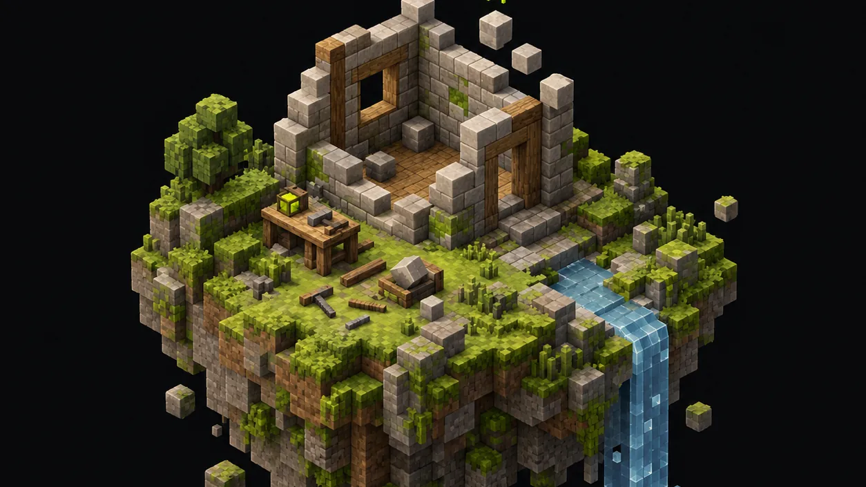 Illustration of a floating voxel island with a half-built block house and a waterfall