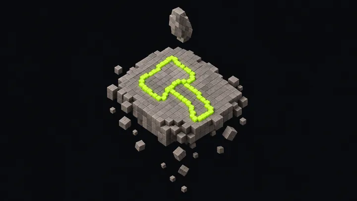 Illustration of a voxel stone slab with an axe head outline glowing inside it while waste cubes fall away