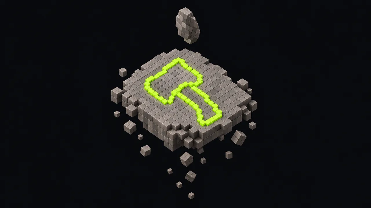 Illustration of a voxel stone slab with an axe head outline glowing inside it while waste cubes fall away