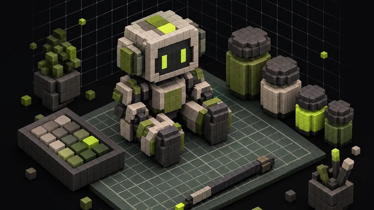 Illustration of a voxel robot model sitting on a grid mat beside cube-shaped paint pots and a palette