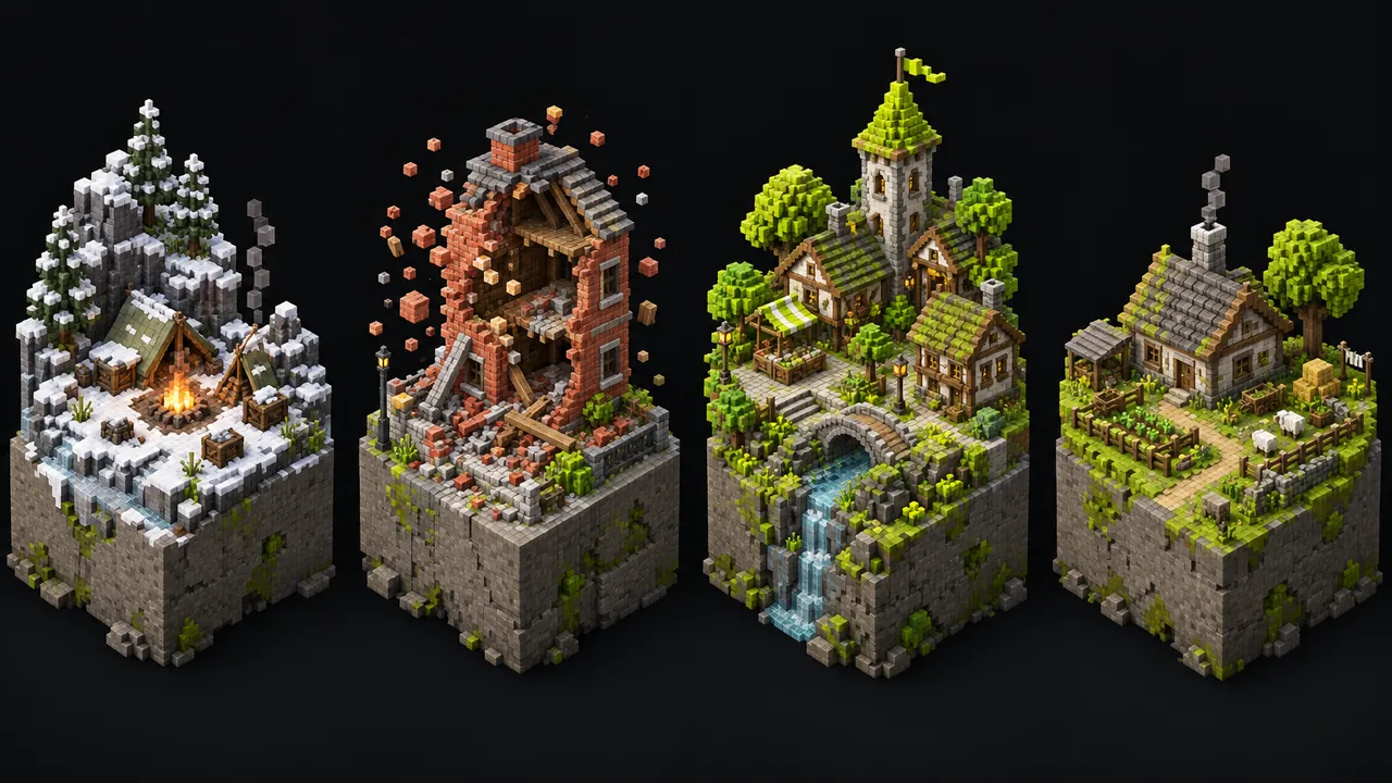 Illustration of four small voxel dioramas: a snowy camp, a collapsing brick building, a fantasy village and a farmstead