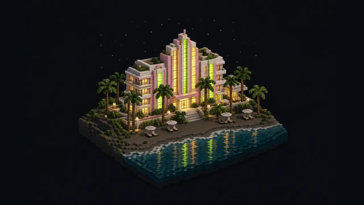Illustration of a blocky pastel art deco hotel at night with glowing light strips behind coloured glass