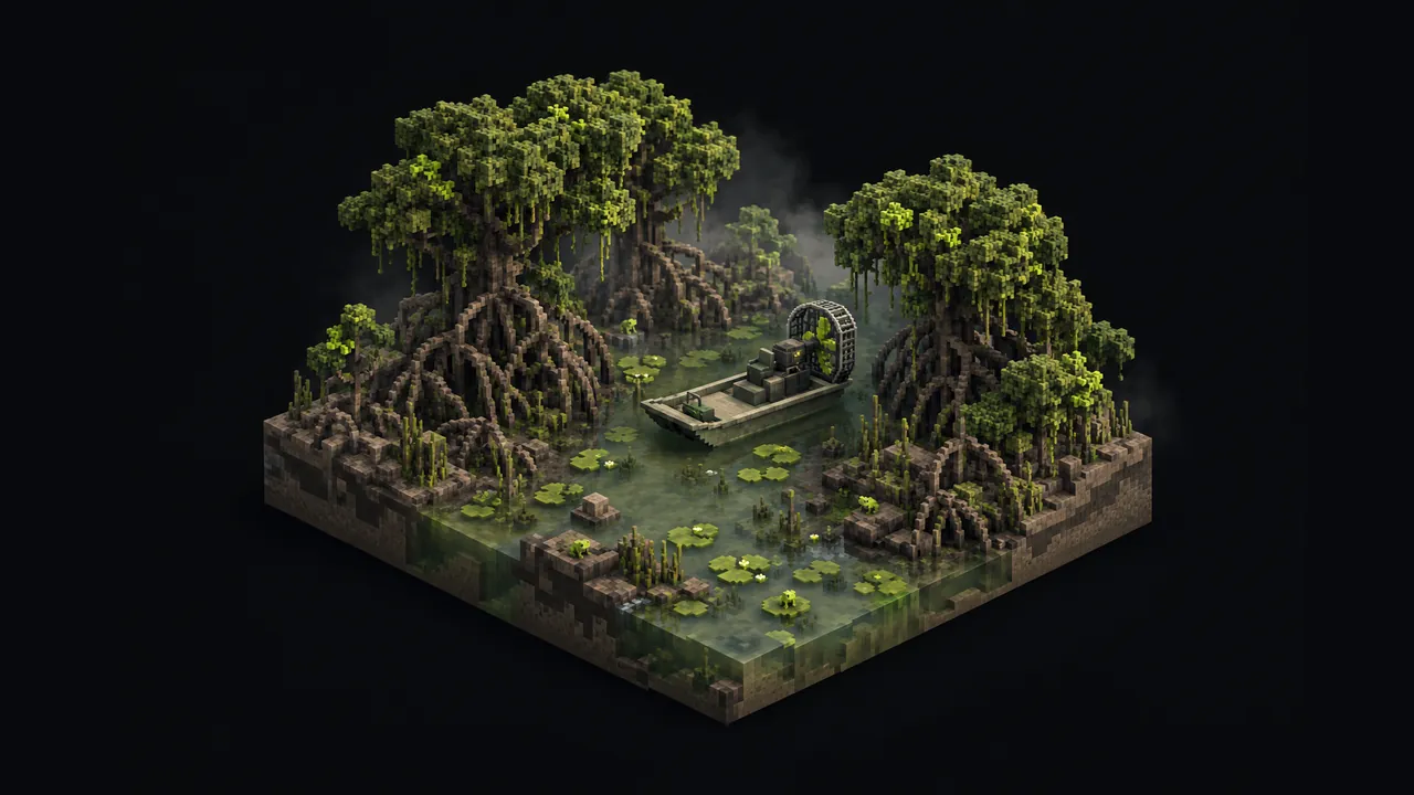 Illustration of a blocky mangrove wetland with tangled roots, murky water and a small fan boat