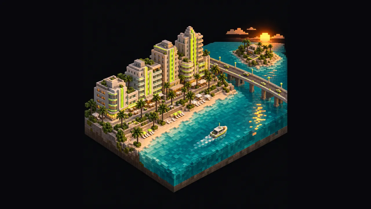 Illustration of a blocky tropical coastal city with pastel beachfront hotels, block palm trees and a bridge to an island
