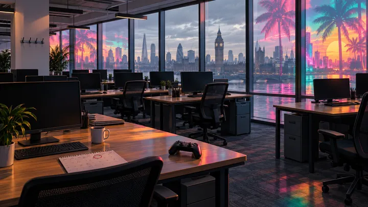 Illustration of an empty open-plan office on a weekday morning, with a game controller on one desk and neon palm trees reflected in the windows