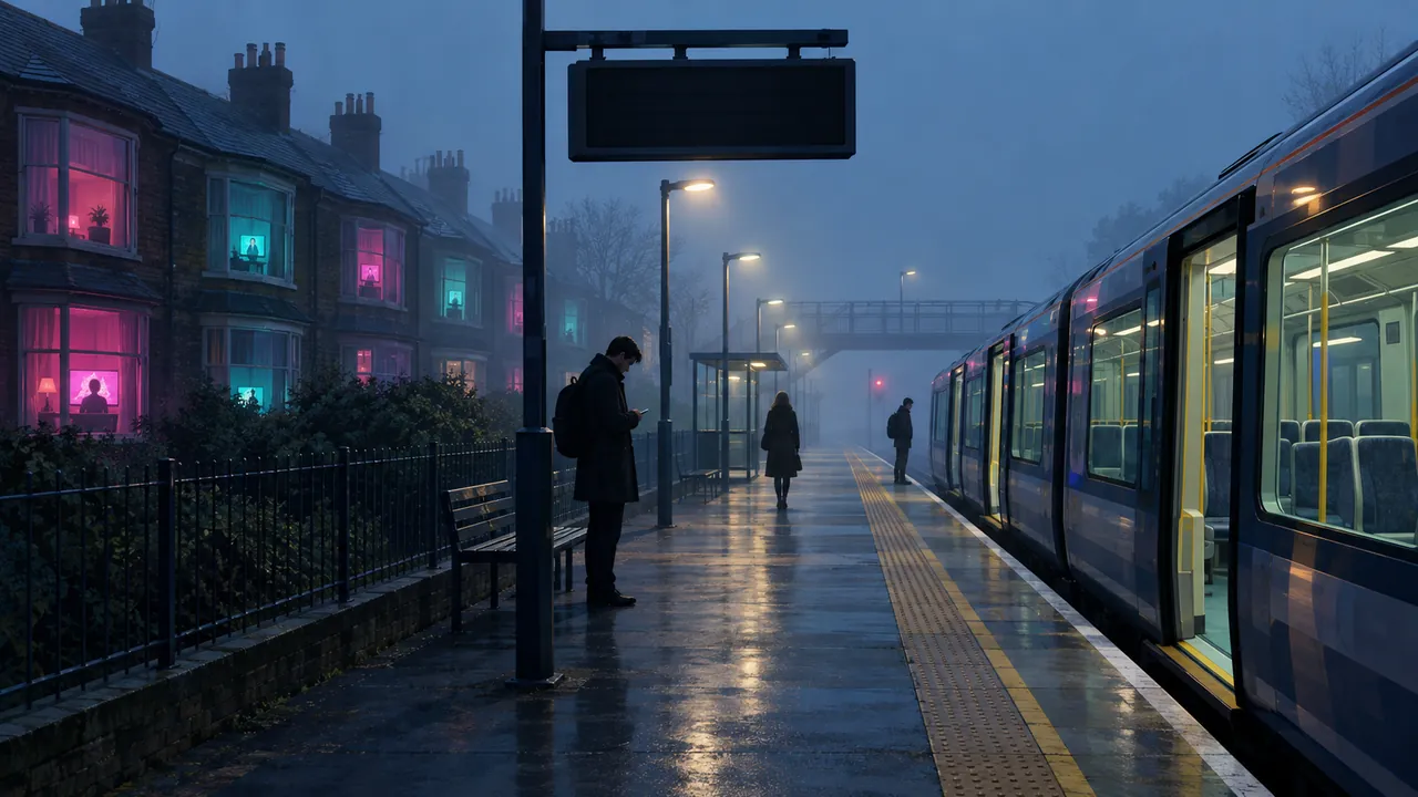 Illustration of a quiet commuter train platform on a foggy weekday morning, with neon screen light glowing from the windows of nearby houses