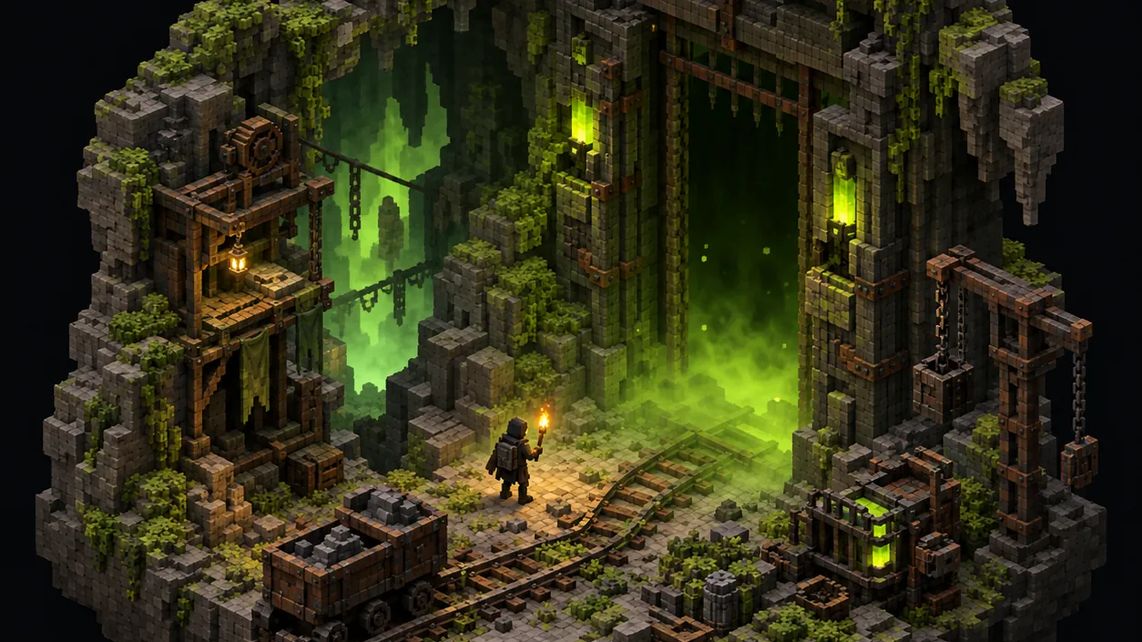 Illustration of a voxel cavern entrance glowing with green haze, mine rails and scrap machinery