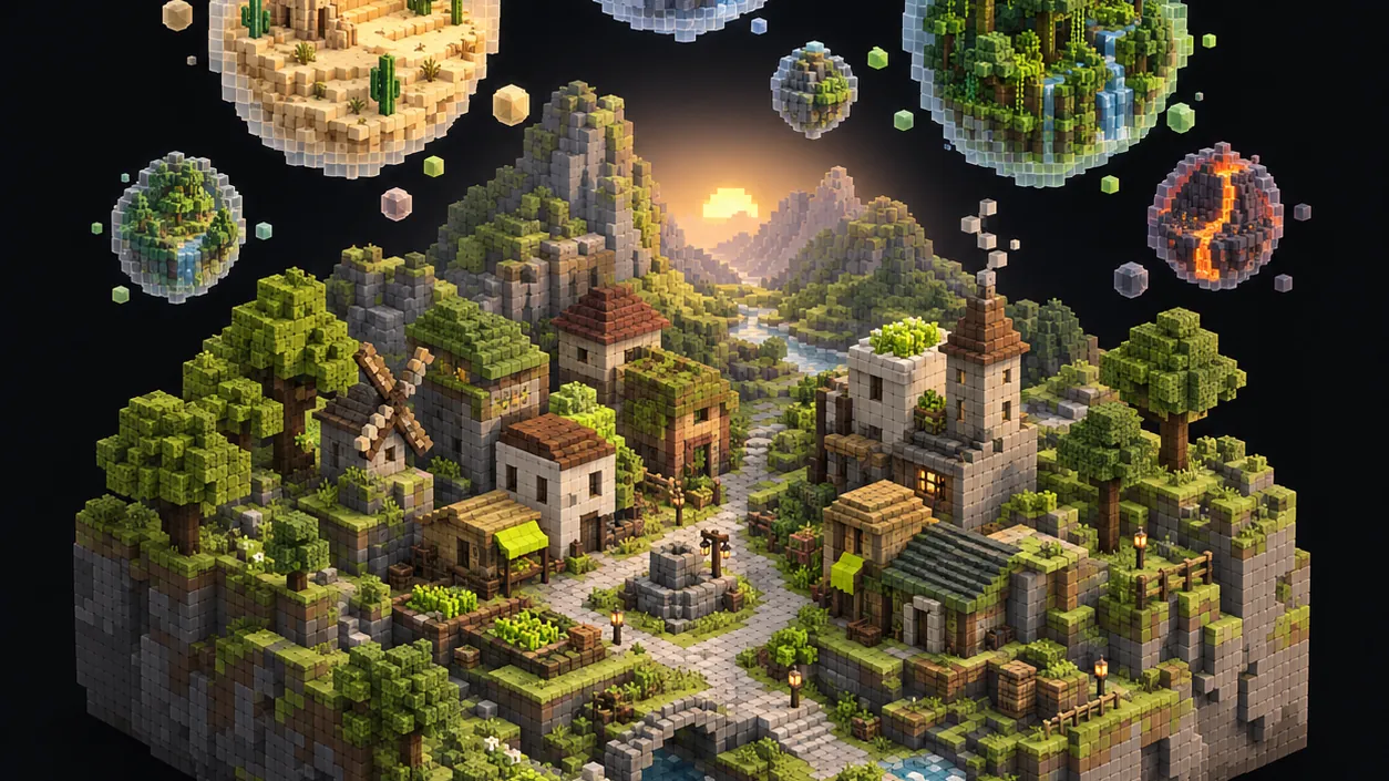 Illustration of a voxel valley village with several small floating worlds above it, each a different biome