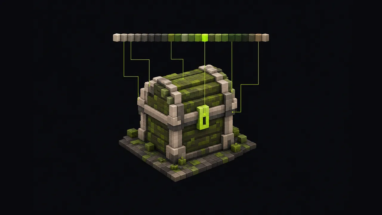 Illustration of a voxel treasure chest linked by thin lines to a strip of colour swatches above it
