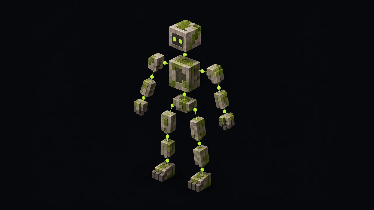Illustration of a blocky voxel robot with its body parts floating apart and glowing pivot points at the joints