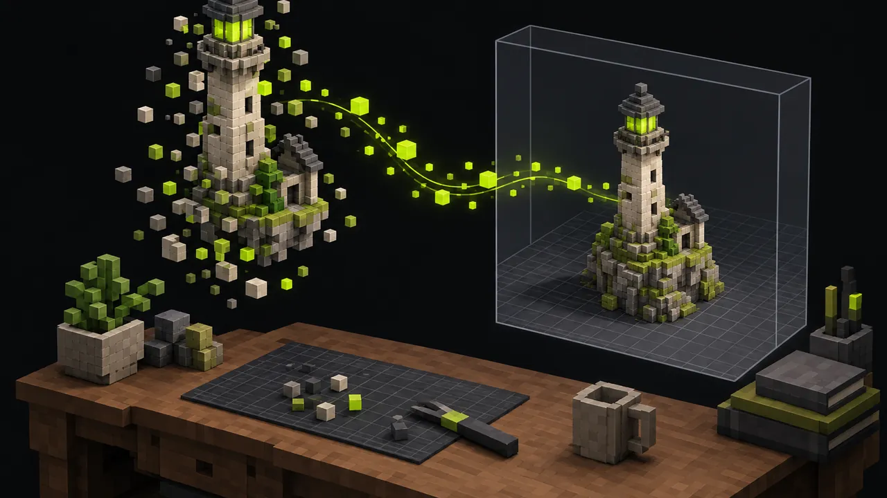 Illustration of a voxel lighthouse model flowing as loose cubes from an editor into a game engine viewport