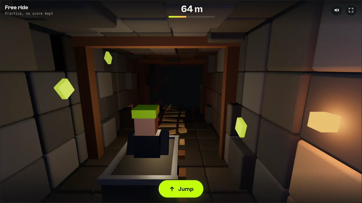 Screenshot of Minecart: the view over the rider's shoulder as pale, splintered sleepers and sagging rails appear on the track ahead