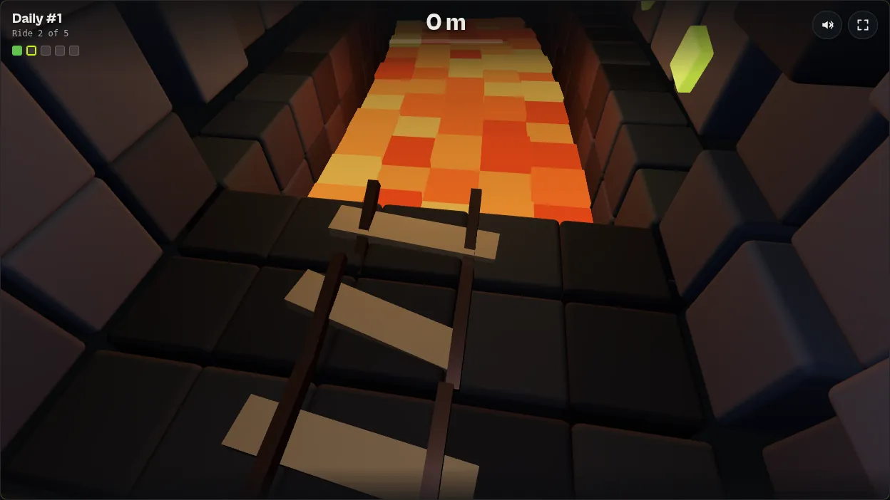 Screenshot of Minecart: broken rails hanging over a pit of glowing orange blocks after the cart has gone over the edge