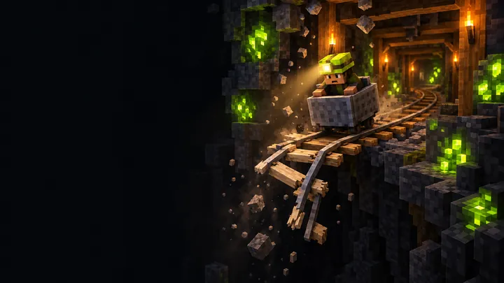 Illustration of a voxel miner in a mine cart racing toward a broken section of track in a dark tunnel lit by torches and lime crystals