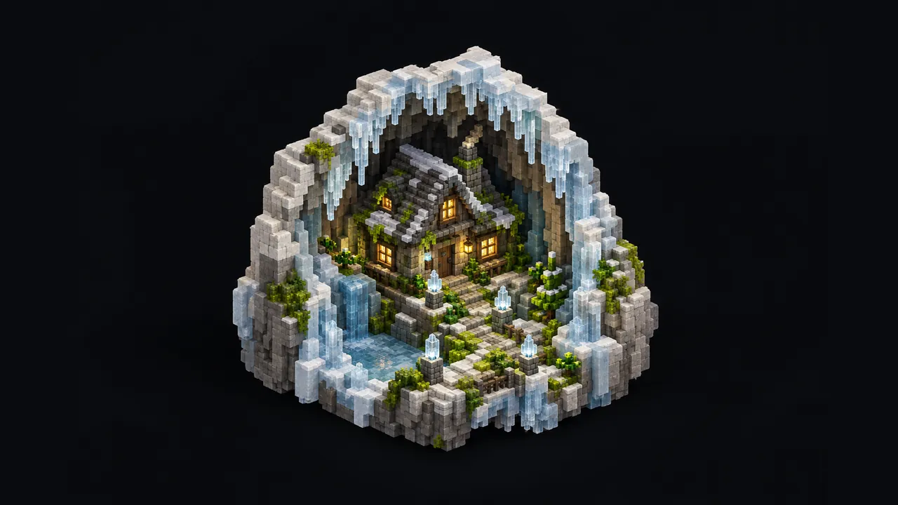 Illustration of a small blocky winter cottage built inside an ice grotto with crystal lamps and icicles framing the door