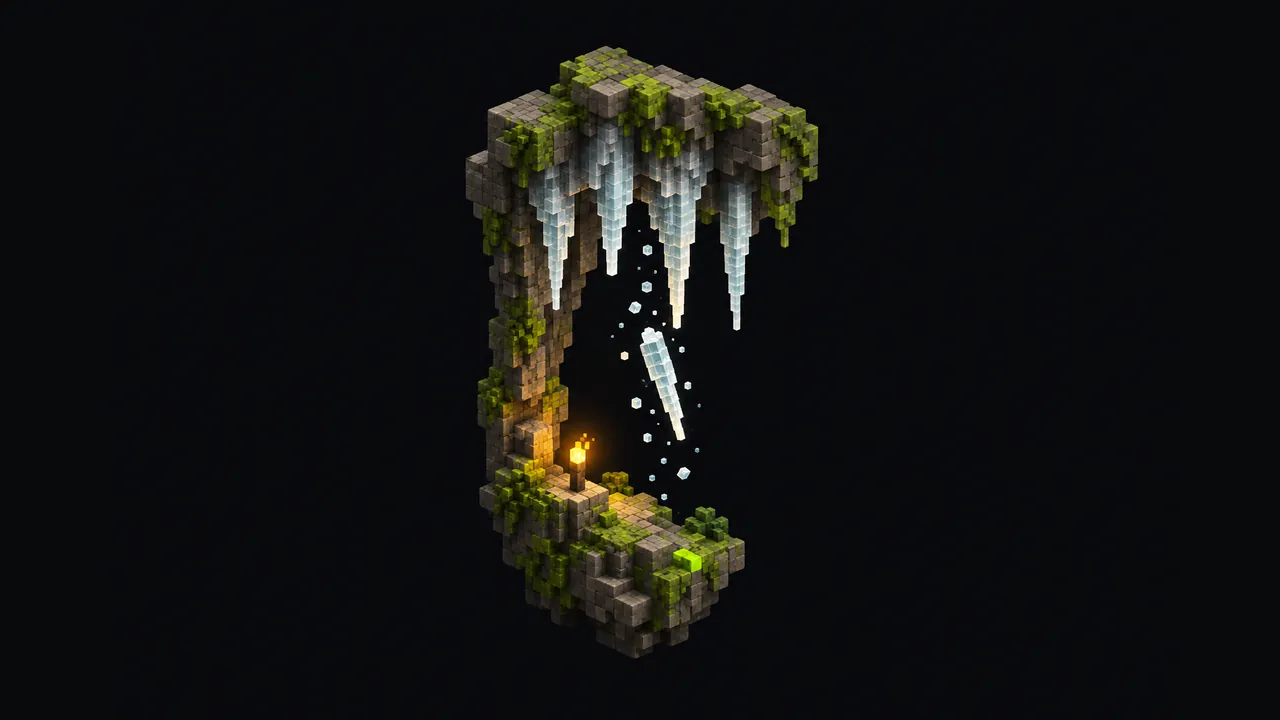 Illustration of blocky icicles on a cave ceiling, one breaking off and falling toward a torch-lit ledge