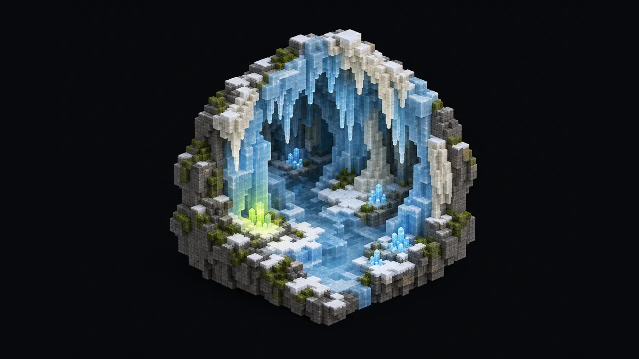 Illustration of a blocky ice cave with pale blue packed ice, white calcite, hanging icicles and glowing crystals