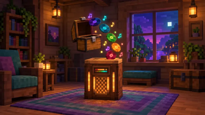 Illustration of a blocky wooden jukebox in a cosy room at night, with an open chest above it and colourful records falling toward it