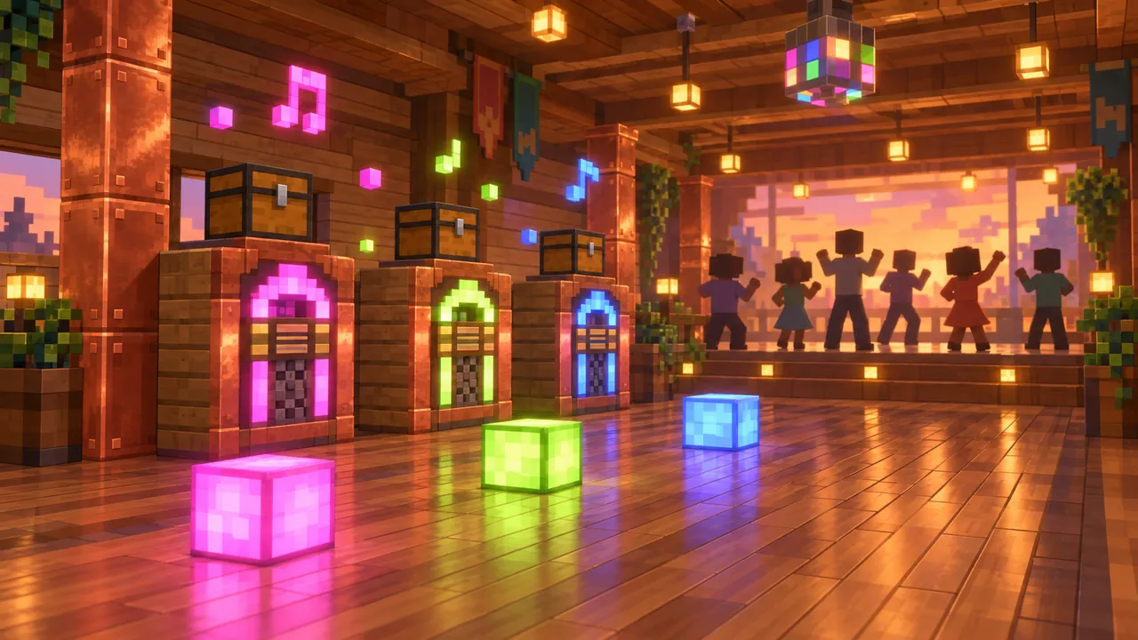 Illustration of a blocky dance hall with three wooden jukeboxes, each with a chest on top, glowing floor cubes and blocky figures dancing at the back