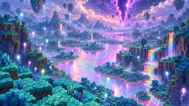 Illustration of a blocky dreamlike landscape with teal grass, pearly pink and violet lakes, rainbow waterfalls, drifting lights and a purple rift in the sky