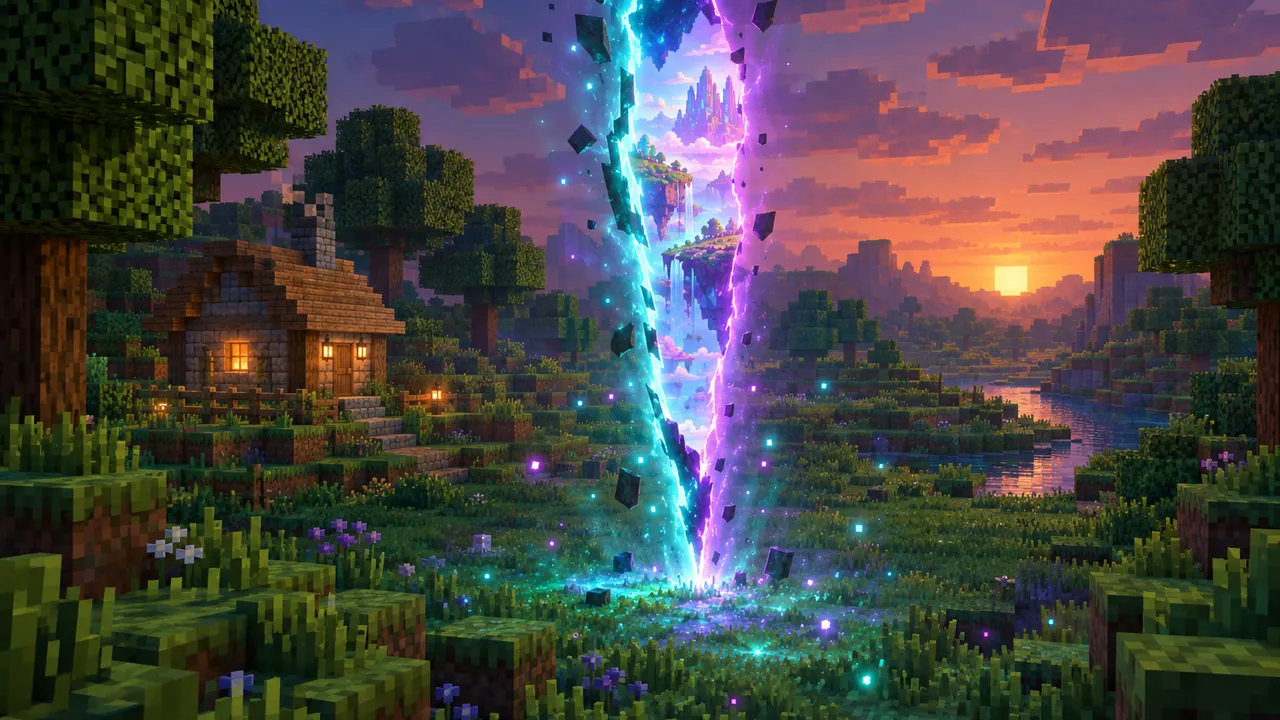 Illustration of a glowing teal and violet rift tearing open in a blocky grassy field beside a small cottage at dusk