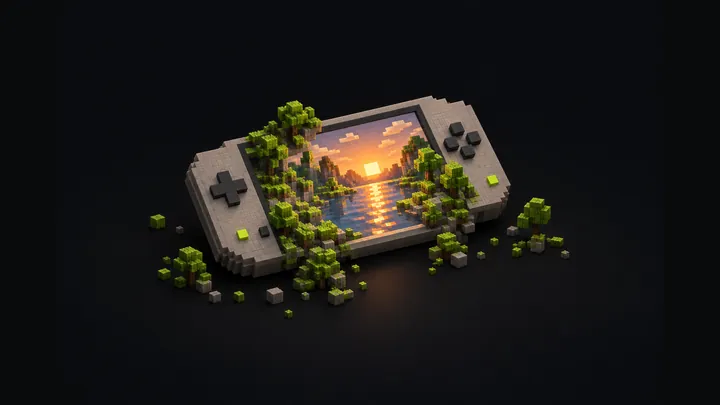 Illustration of an unbranded voxel handheld console with a tiny glowing block landscape on its screen