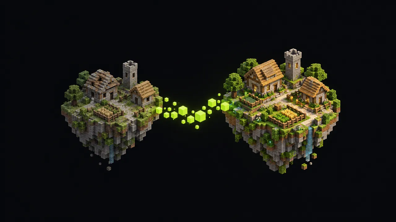 Illustration of two blocky floating villages connected by a stream of glowing cubes, the second rendered with richer light