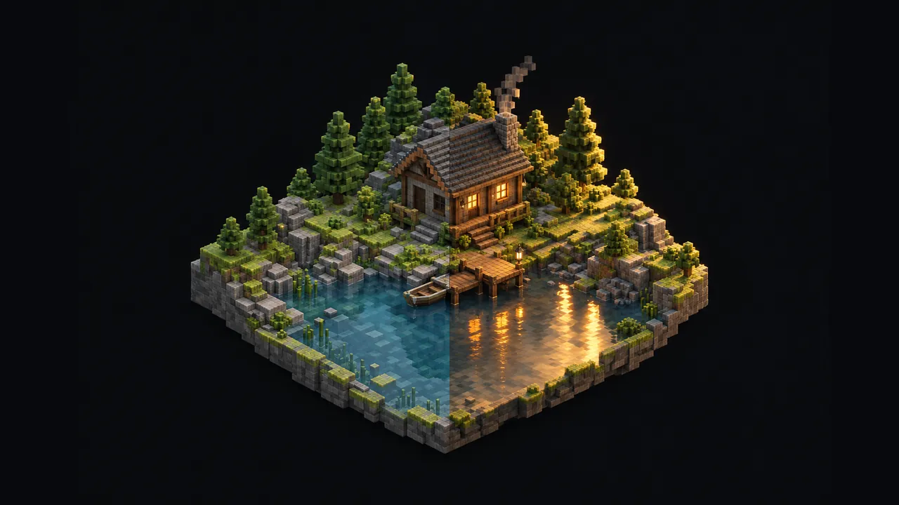 Illustration of the same blocky lakeside cabin shown flat on one side and with warm sunlight, shadows and reflections on the other