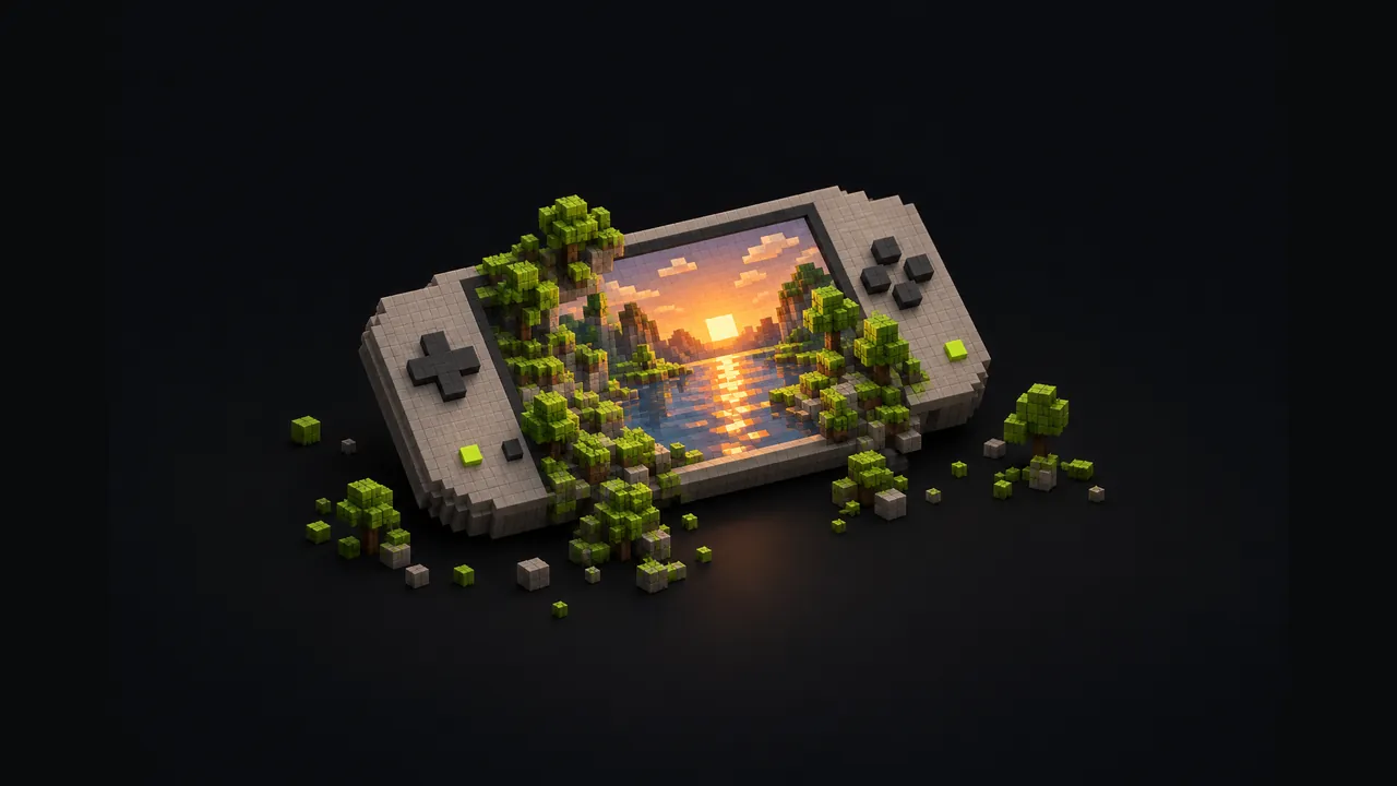 Illustration of an unbranded voxel handheld console with a tiny glowing block landscape on its screen