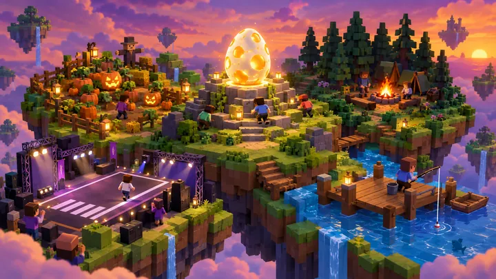 Illustration of a floating blocky island split into mini worlds: a glowing egg on a pedestal, a pumpkin patch, a forest camp, a fishing pier and a runway
