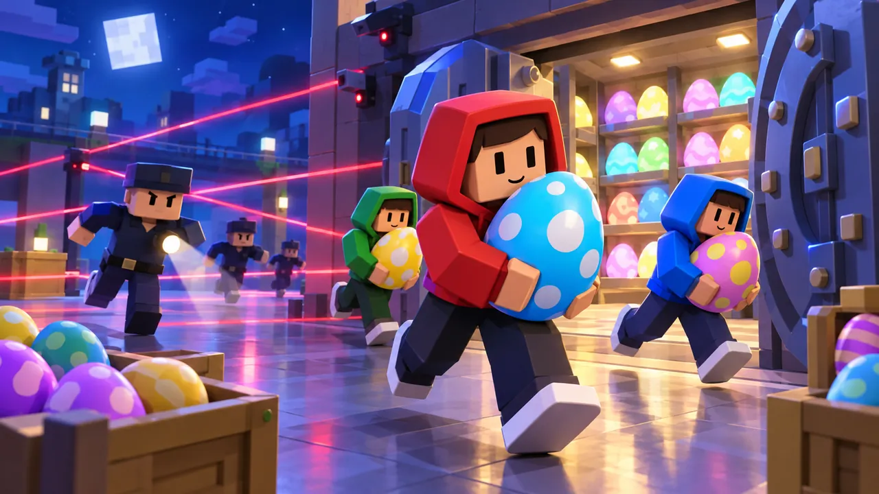 Illustration of blocky figures in hoodies running out of a vault carrying giant spotted eggs while guards chase them