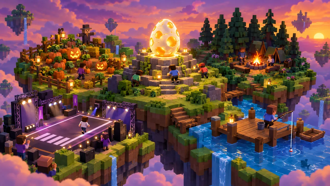 Illustration of a floating blocky island split into mini worlds: a glowing egg on a pedestal, a pumpkin patch, a forest camp, a fishing pier and a runway