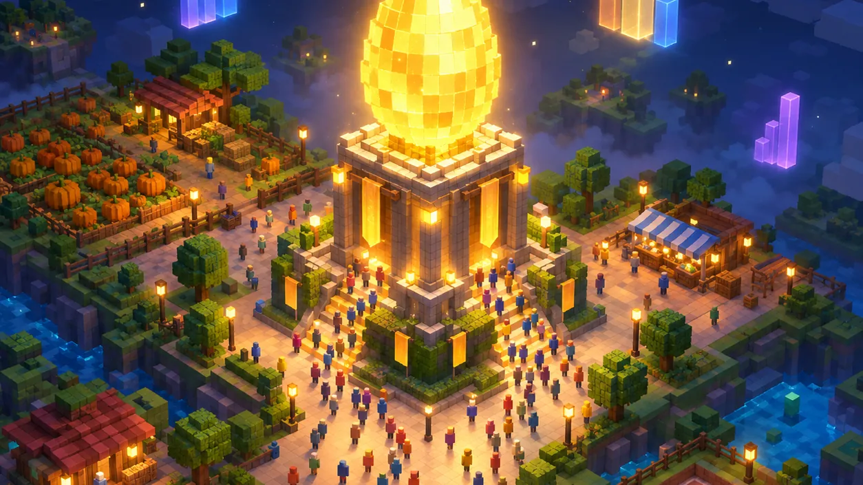Illustration of a blocky toy city at night where crowds of small figures gather around a giant glowing golden egg on a plinth, with quieter mini worlds around the edges