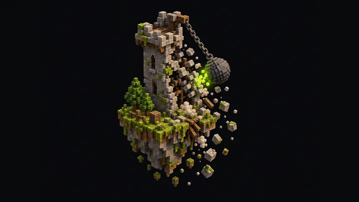 Illustration of a voxel stone tower on a floating island being hit by a wrecking ball, with blocks and dust flying off
