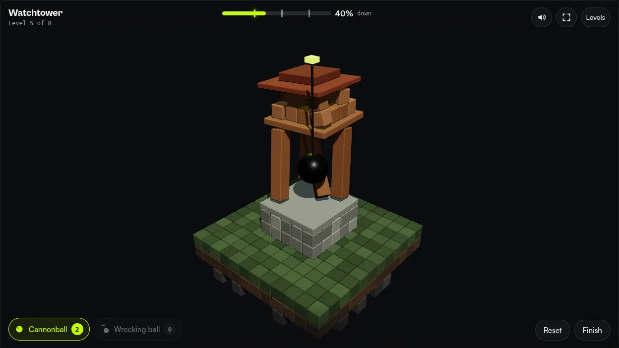 Screenshot of Rubble: a wrecking ball swinging through a wooden watchtower on a stone base, with the meter at 40 percent