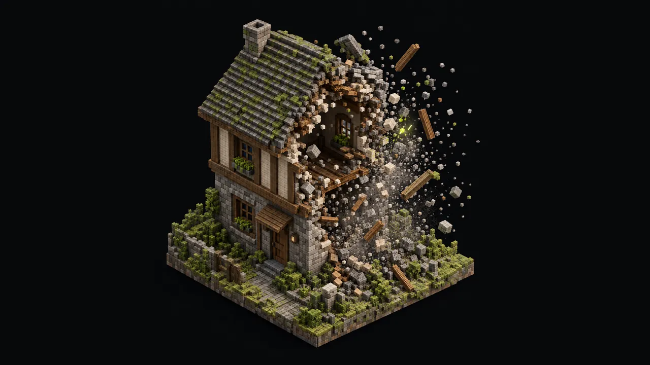 Illustration of a small brick and timber house with one corner blown apart into thousands of tiny cubes