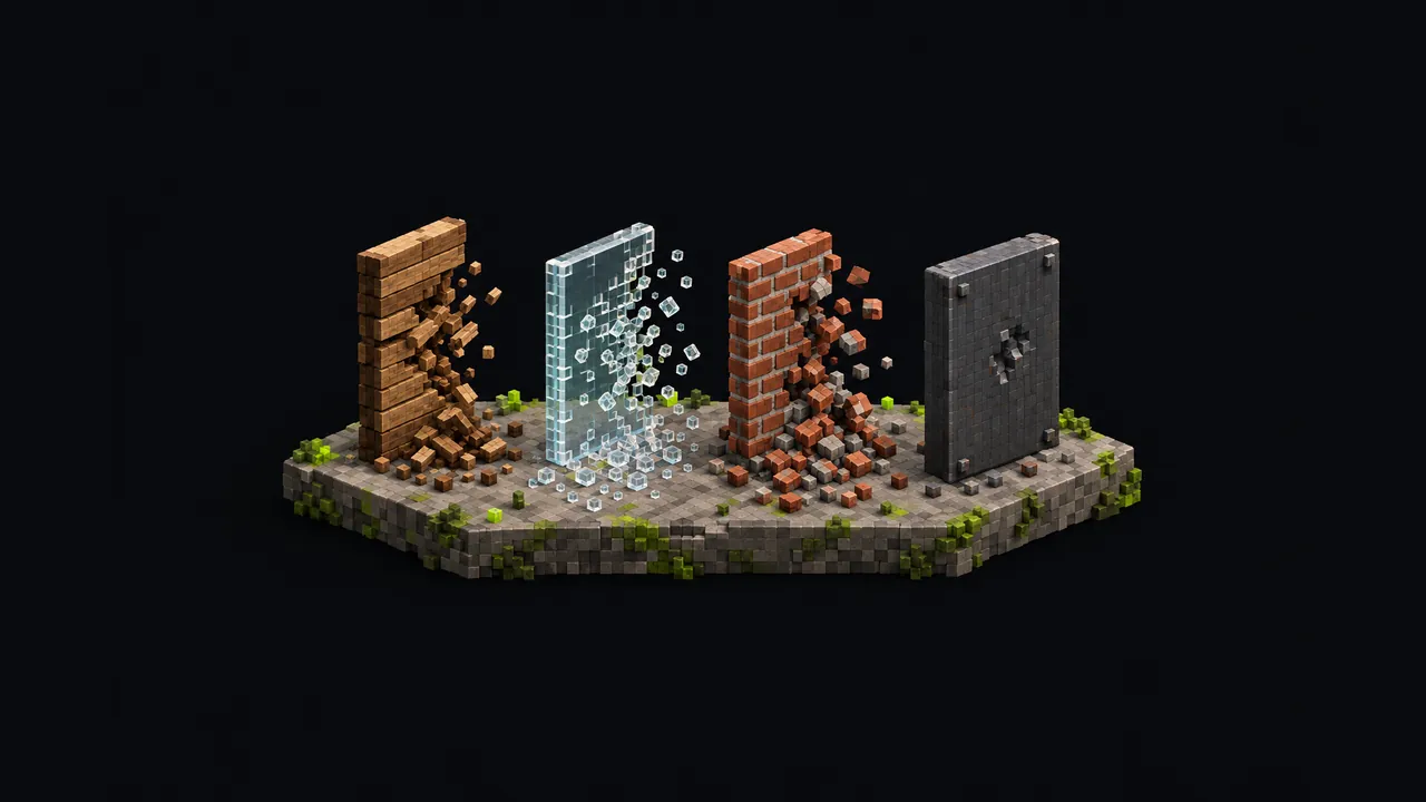Illustration of four small voxel walls breaking differently: wood splintering, glass shattering, brick crumbling and metal barely dented
