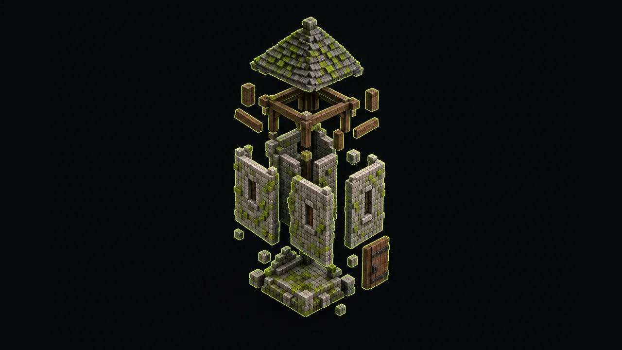 Illustration of a voxel watchtower split into separate floating pieces, each outlined in lime