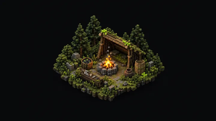 Illustration of a tiny voxel wilderness camp at dusk with a firepit under a lean-to roof, stone tools and a clay pot