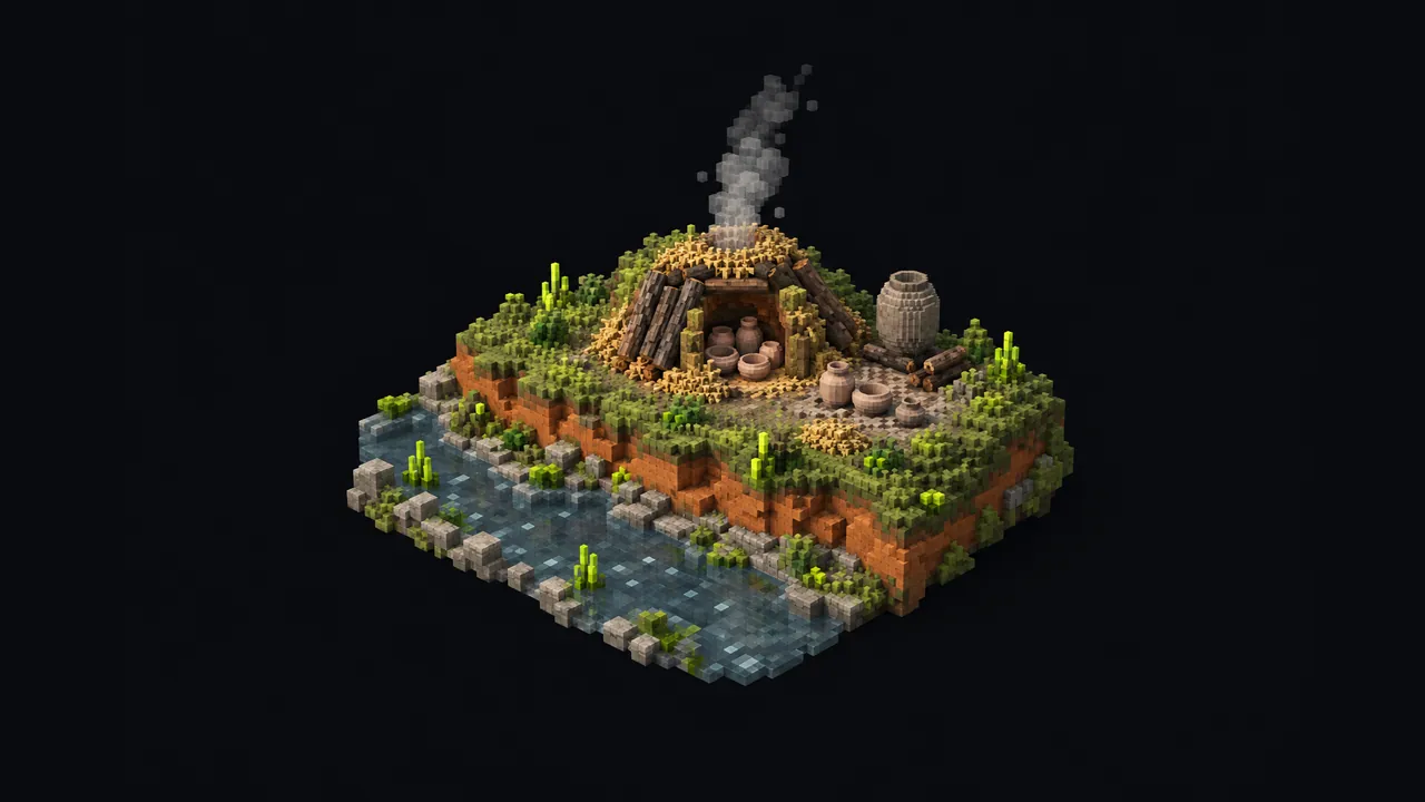 Illustration of a riverbank with bands of clay blocks under grass beside a small pit kiln with unfired pots