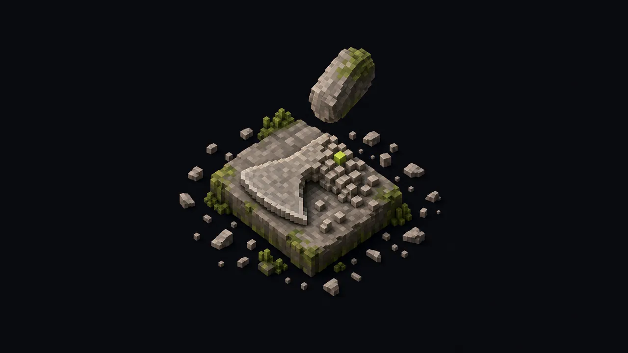 Illustration of a flat stone slab with voxel chips being knocked away to shape an axe head