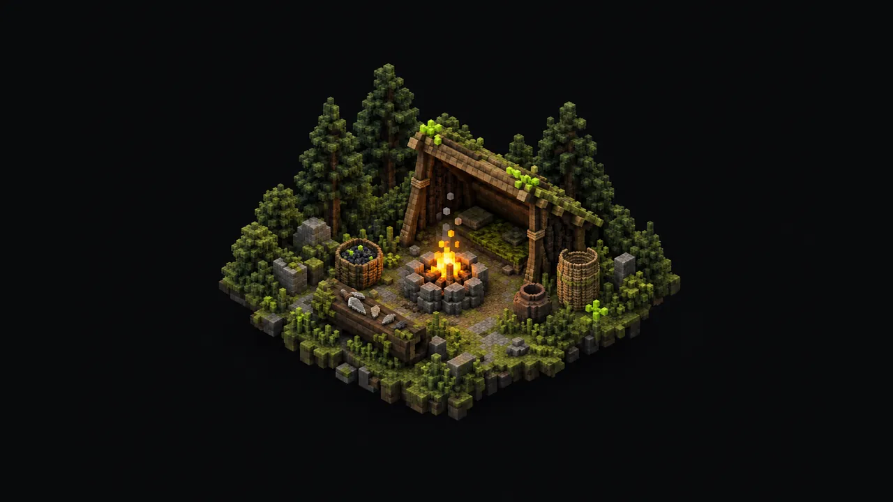 Illustration of a tiny voxel wilderness camp at dusk with a firepit under a lean-to roof, stone tools and a clay pot