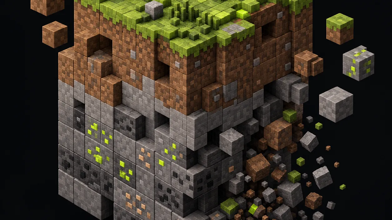 Illustration of a voxel terrain cube cut open to show grass, dirt, stone and ore layers, with blocks breaking away
