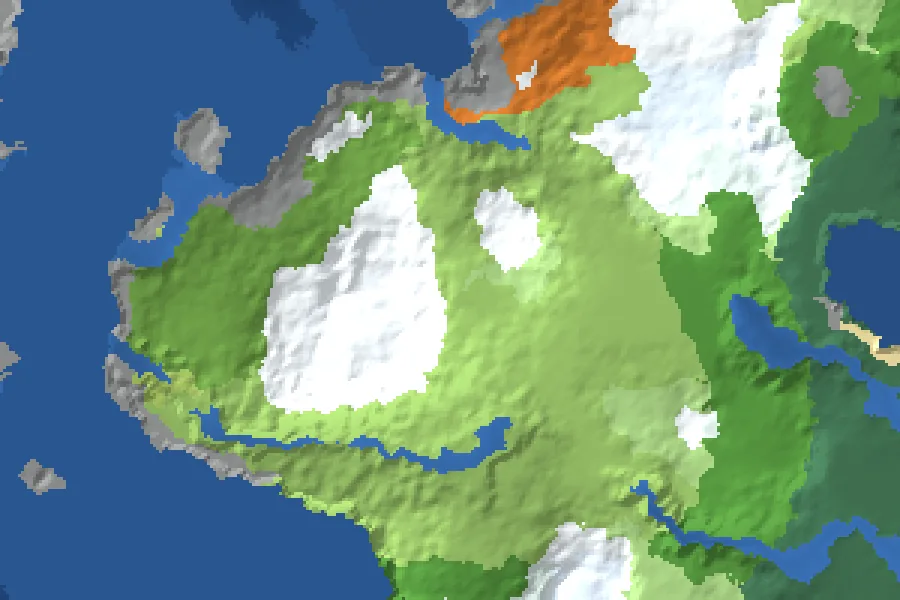 Biome map of the Peaks and a City seed around spawn, with nearby structures marked