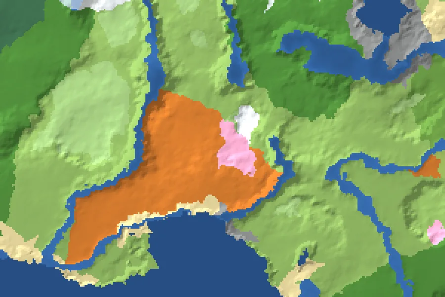 Biome map of the Pink and Orange seed around spawn, with nearby structures marked