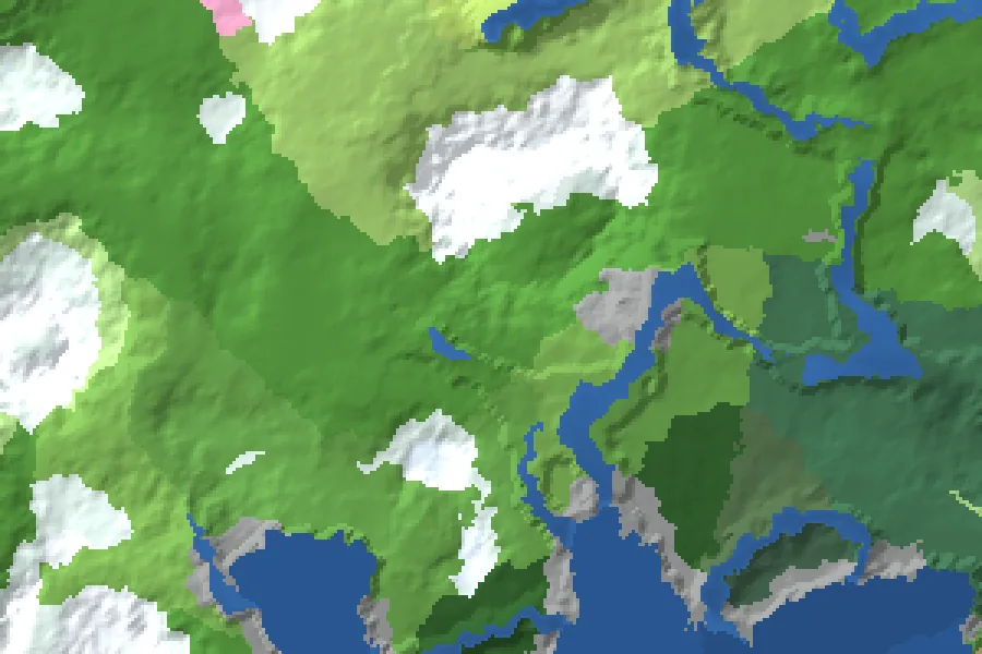 Biome map of the Crowded Forest seed around spawn, with nearby structures marked