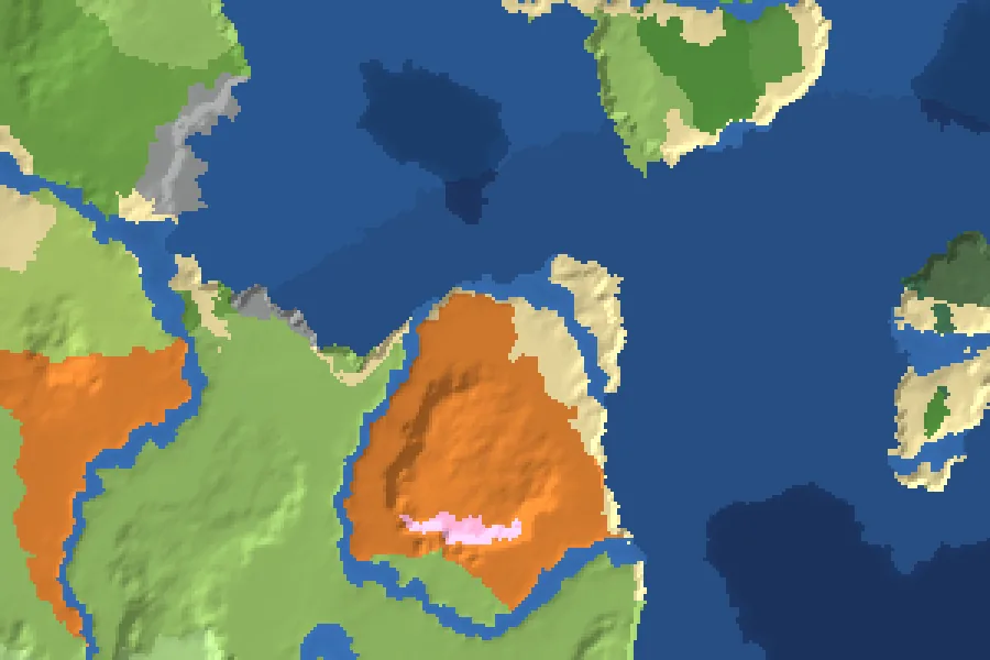 Biome map of the Shoreline Poplars seed around spawn, with nearby structures marked