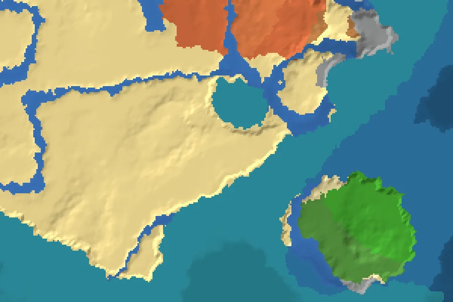 Biome map of the Desert Gate seed around spawn, with nearby structures marked