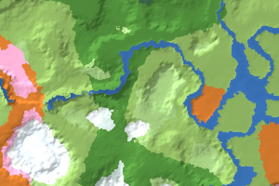 Biome map of the Village at Zero seed around spawn, with nearby structures marked