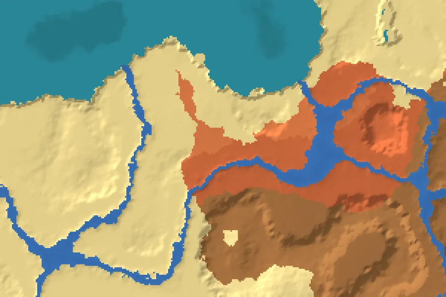 Biome map of the Badlands Base seed around spawn, with nearby structures marked